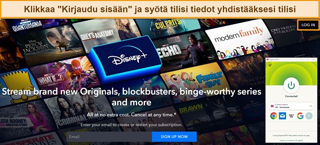 Kuva, jossa n&auml;ytet&auml;&auml;n vaiheittainen opas Disney Plus -palvelun katsomiseen VPN:n avulla selaimessa ExpressVPN:n avulla