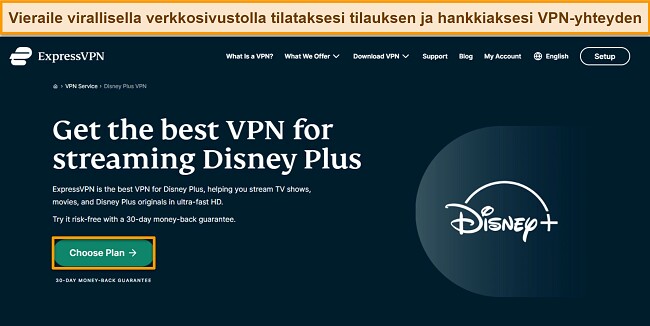 Kuva opastaa, miten katsella Disney Plus -palvelua VPN:n avulla. Siin&auml; n&auml;kyy vaiheet, kuten ExpressVPN:n verkkosivuston k&auml;ynti ja tilauksen tekeminen