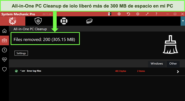 Captura de pantalla de la funci&oacute;n de limpieza de PC todo en uno de iolo despu&eacute;s de haber eliminado m&aacute;s de 300 MB de archivos basura.