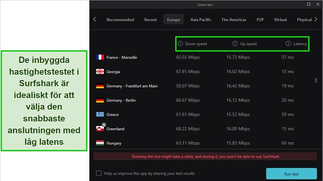 Sk&auml;rmdump av Surfsharks snabbaste VPN med inbyggd hastighetstest f&ouml;r nedladdnings- och uppladdningshastighet samt latens